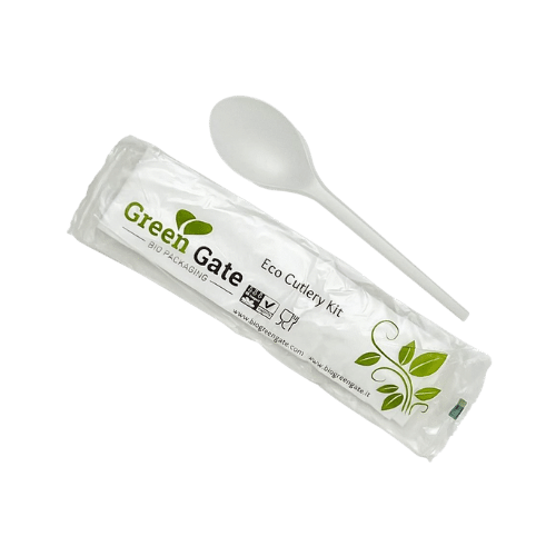 Cucchiaio imbustato con tovagliolo compostabile in CPLA